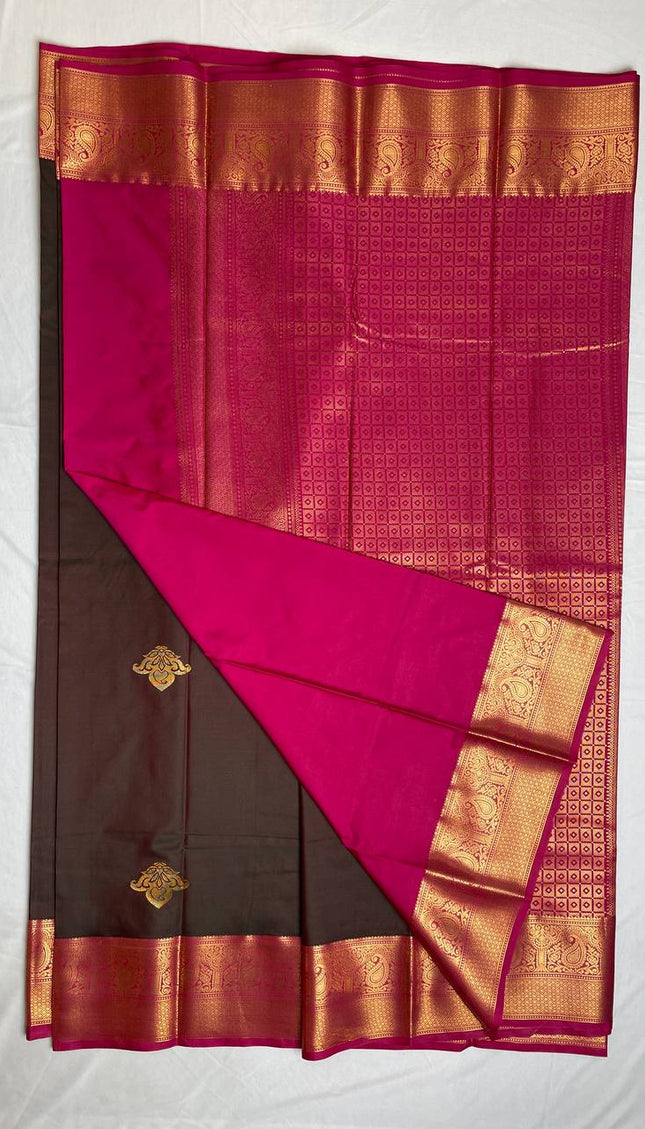 Dark Brown Semi Kanchipuram Silk Saree with Rich Zari Border|S1