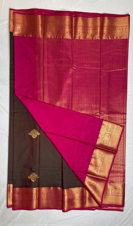 Dark Brown Semi Kanchipuram Silk Saree with Rich Zari Border|S1