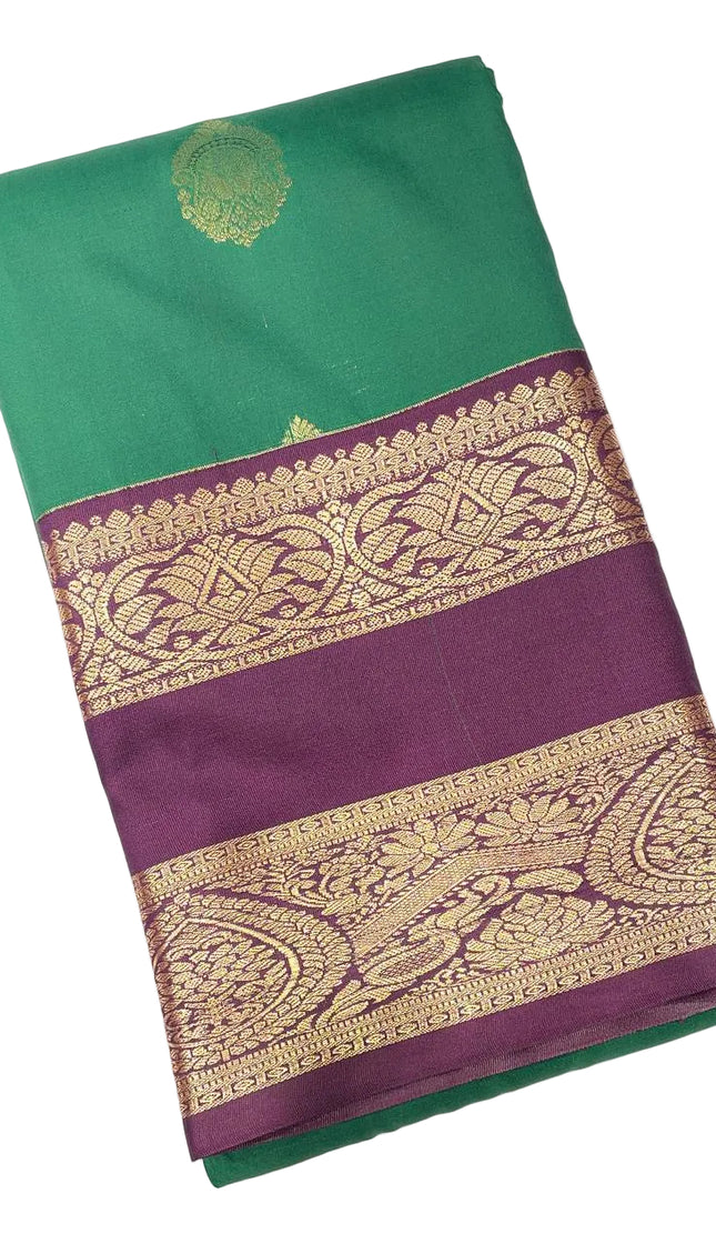 Emerald Green & Purple Kanchipuram Silk Saree with Gold Zari Border|S2_1