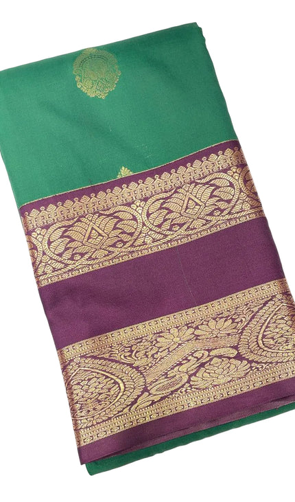 Emerald Green & Purple Kanchipuram Silk Saree with Gold Zari Border|S2_1