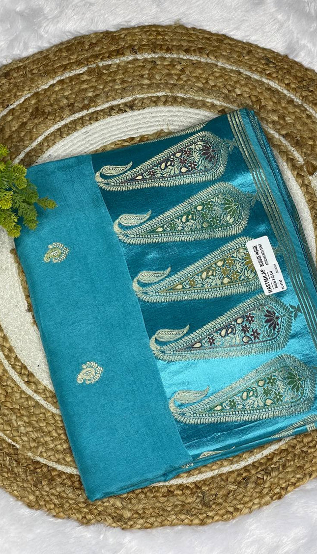 Turquoise Blue Premium Crepe Silk Saree with Designer Paisley Border|DS1