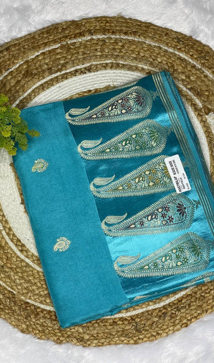 Turquoise Blue Premium Crepe Silk Saree with Designer Paisley Border|DS1