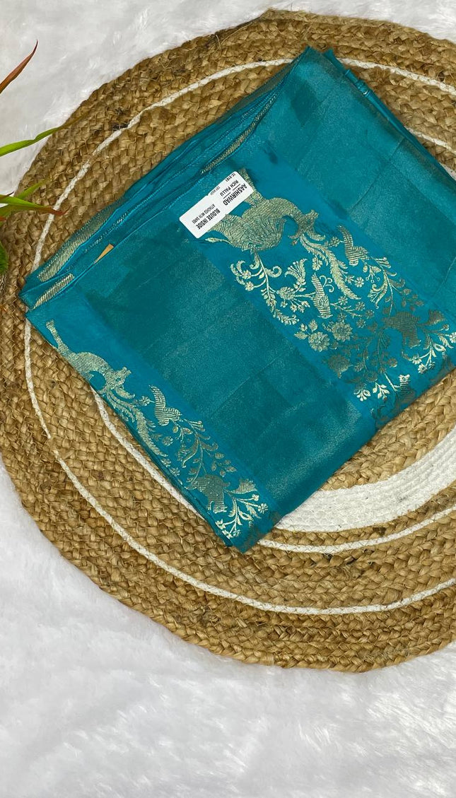 Blue Premium Crepe Silk Saree with Gold Zari Peacock Border|DS2