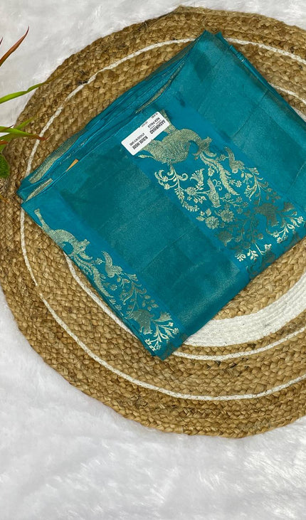 Blue Premium Crepe Silk Saree with Gold Zari Peacock Border|DS2