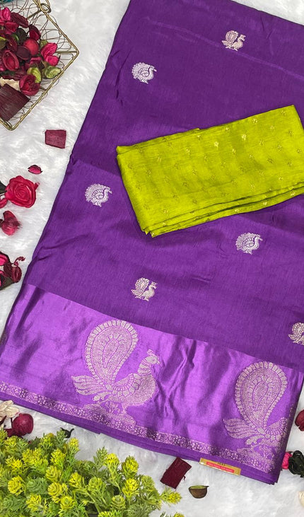 Royal Purple Viscose Chinon Saree with peacock design Satin Border|DS7