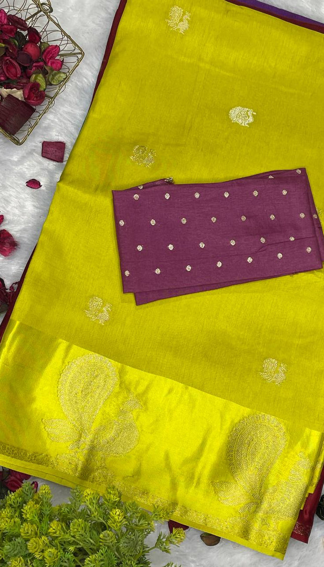 Bright Yellow Viscose Chinon Saree with peacock design Satin Border |DS7