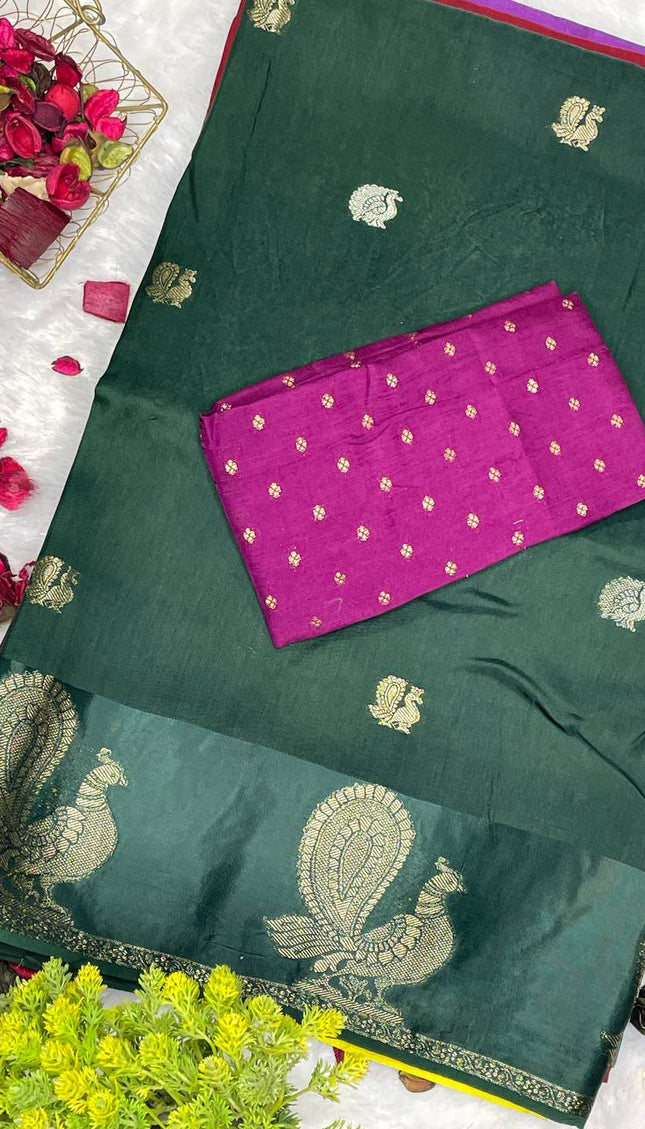 Bottle Green Viscose Chinon Saree with peacock design Satin Border |DS7