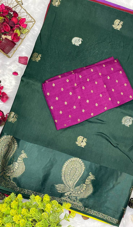 Bottle Green Viscose Chinon Saree with peacock design Satin Border |DS7