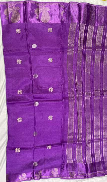 Royal Purple Viscose Chinon Saree with peacock design Satin Border|DS7