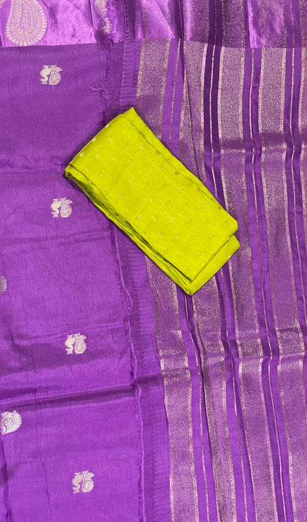 Royal Purple Viscose Chinon Saree with peacock design Satin Border|DS7