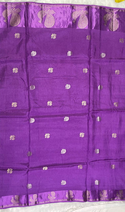 Royal Purple Viscose Chinon Saree with peacock design Satin Border|DS7
