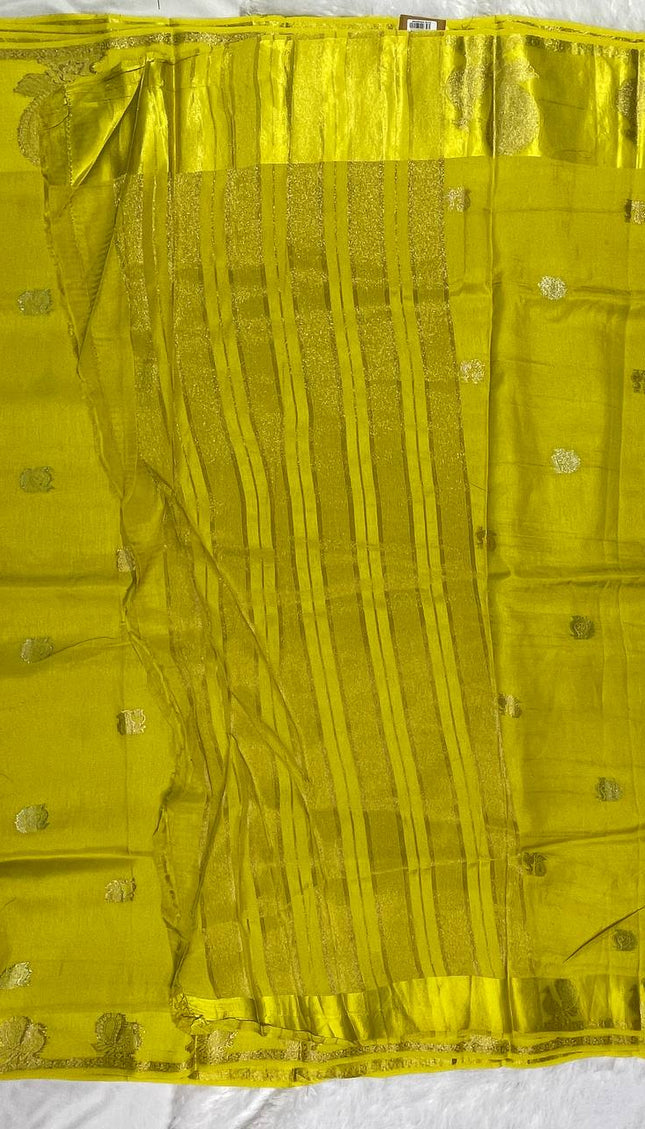 Bright Yellow Viscose Chinon Saree with peacock design Satin Border |DS7