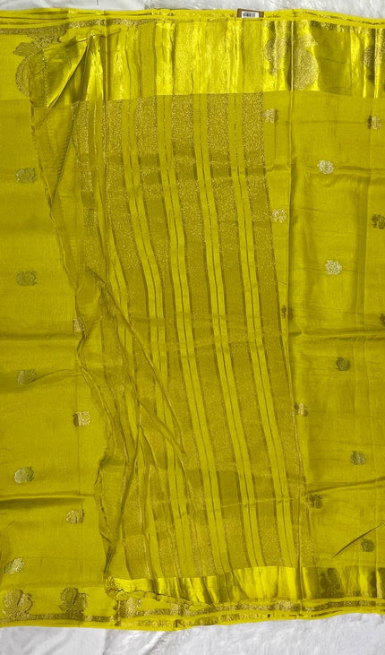 Bright Yellow Viscose Chinon Saree with peacock design Satin Border |DS7