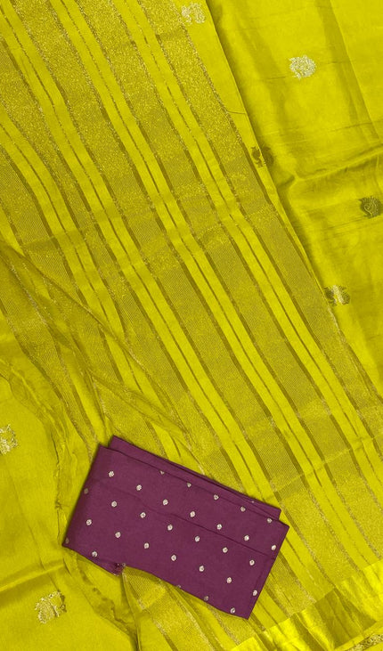 Bright Yellow Viscose Chinon Saree with peacock design Satin Border |DS7