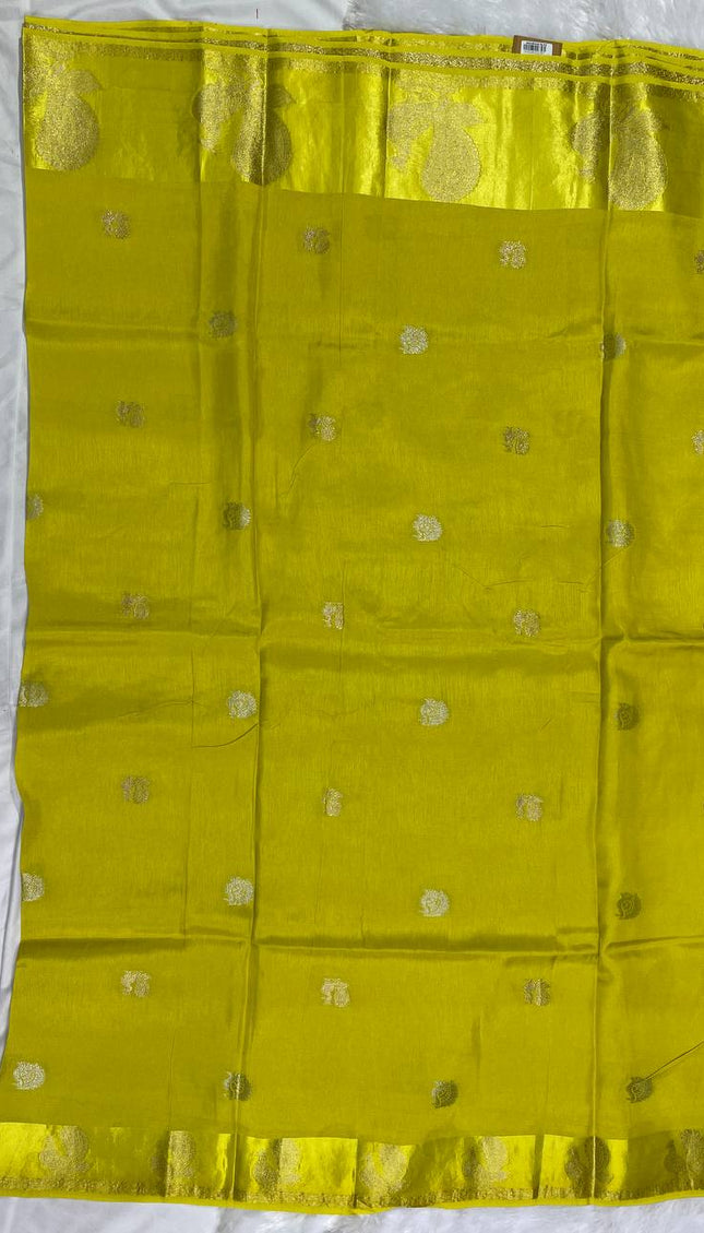 Bright Yellow Viscose Chinon Saree with peacock design Satin Border |DS7