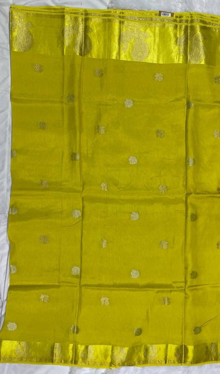 Bright Yellow Viscose Chinon Saree with peacock design Satin Border |DS7