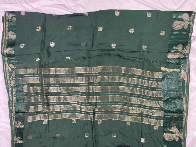 Bottle Green Viscose Chinon Saree with peacock design Satin Border |DS7