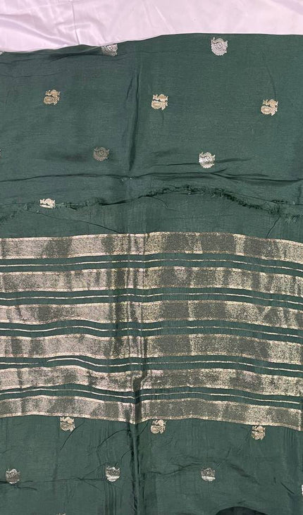 Bottle Green Viscose Chinon Saree with peacock design Satin Border |DS7