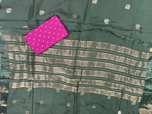 Bottle Green Viscose Chinon Saree with peacock design Satin Border |DS7