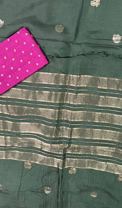 Bottle Green Viscose Chinon Saree with peacock design Satin Border |DS7