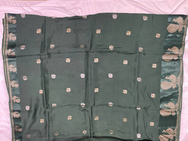Bottle Green Viscose Chinon Saree with peacock design Satin Border |DS7