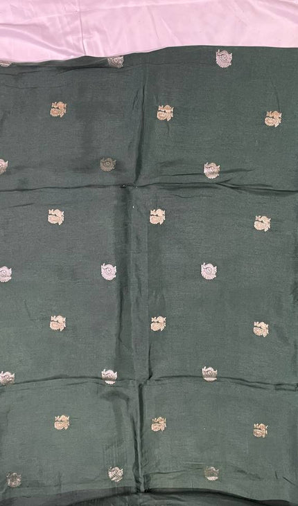 Bottle Green Viscose Chinon Saree with peacock design Satin Border |DS7