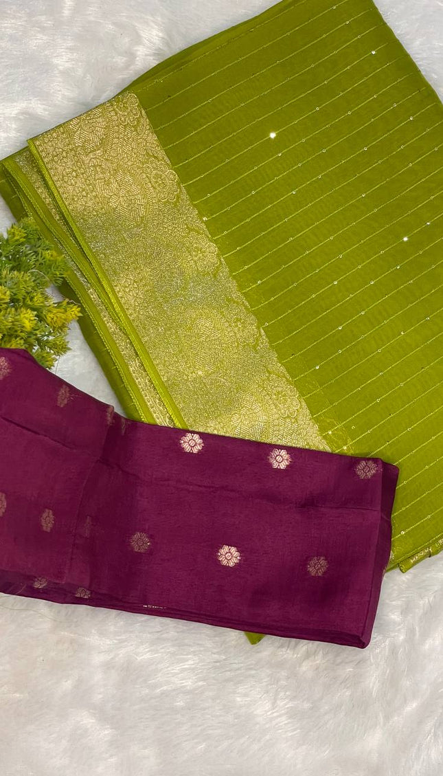 Lime Green Premium Viscose Chinon Saree with Zari Border – Party Wear Elegance | DS8