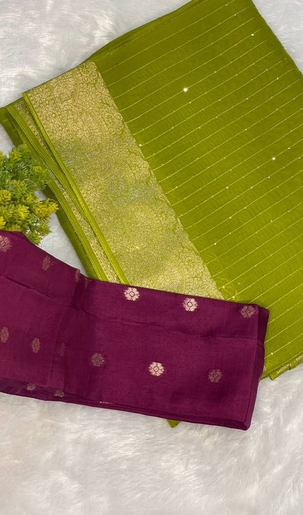 Lime Green Premium Viscose Chinon Saree with Zari Border – Party Wear Elegance | DS8