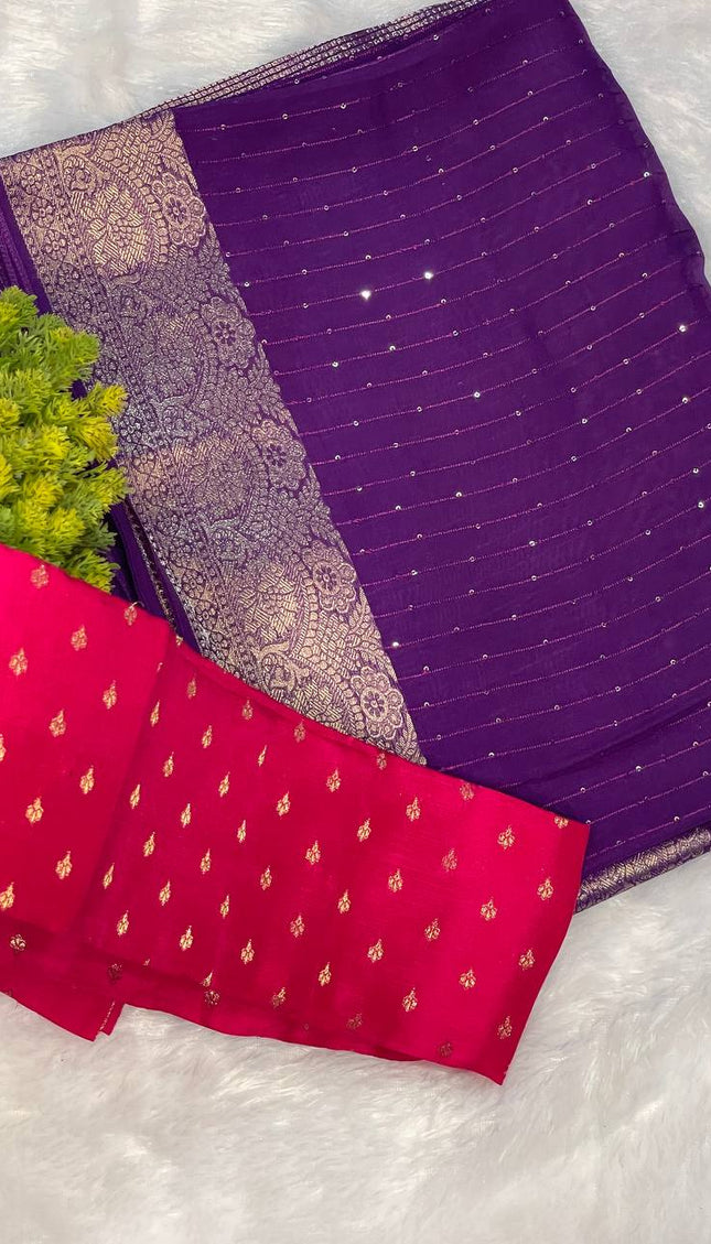 Royal Purple Premium Viscose Chinon Saree with Designer Zari Border – Party Wear|DS8