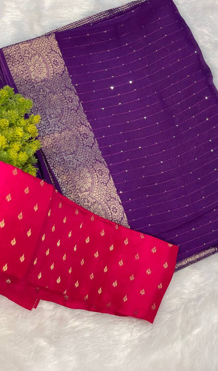 Royal Purple Premium Viscose Chinon Saree with Designer Zari Border – Party Wear|DS8