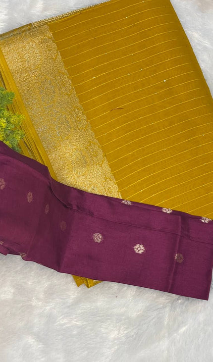 Mustard Yellow Premium Viscose Chinon Saree with Rich Zari Weaving – Party Wear|DS8