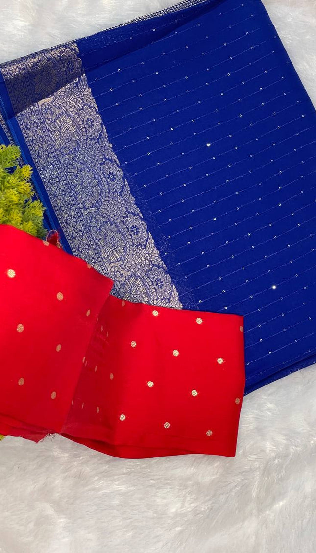 Royal Blue Premium Viscose Chinon Saree with Heavy Zari Border – Party Wear |DS8