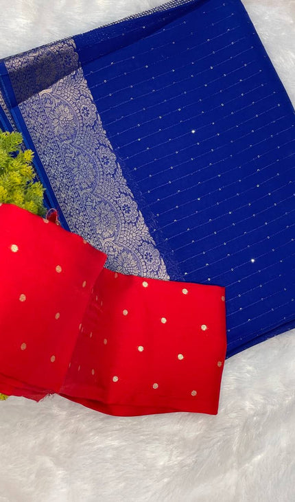 Royal Blue Premium Viscose Chinon Saree with Heavy Zari Border – Party Wear |DS8
