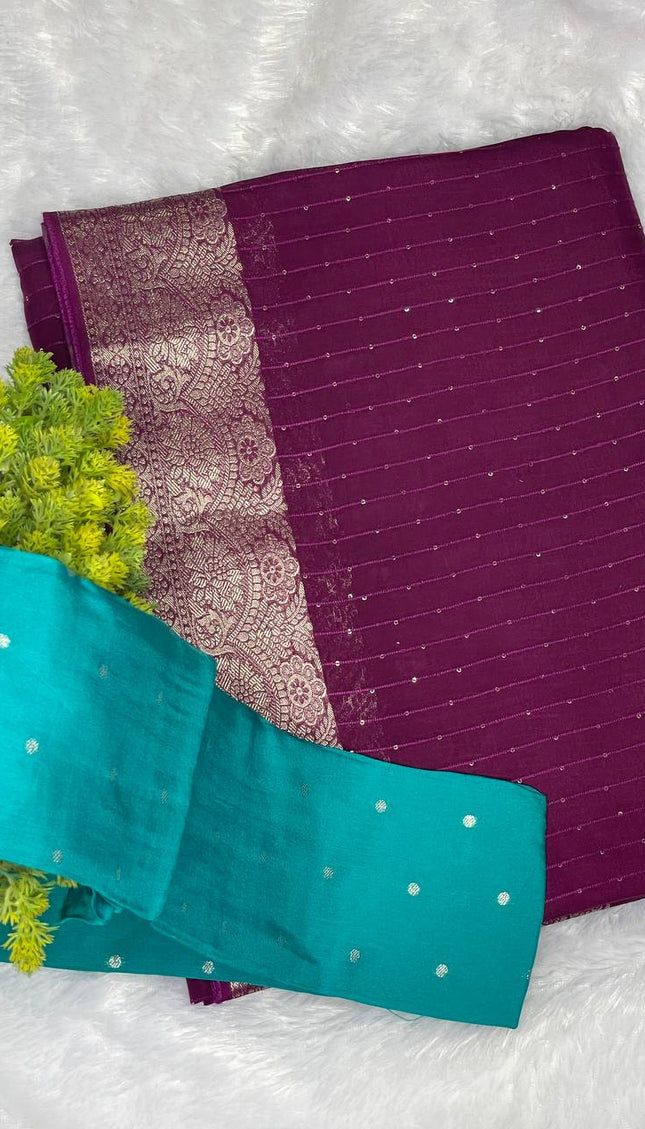 Wine Premium Viscose Chinon Saree with Elegant Zari Border – Party Wear Special|DS8