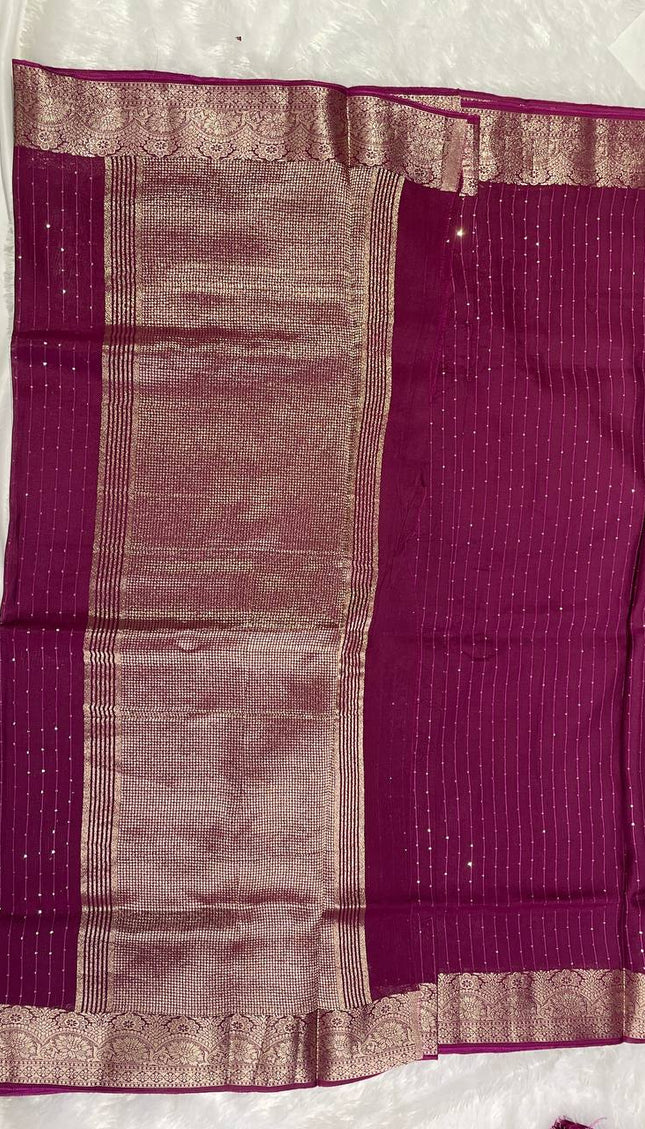 Wine Premium Viscose Chinon Saree with Elegant Zari Border – Party Wear Special|DS8