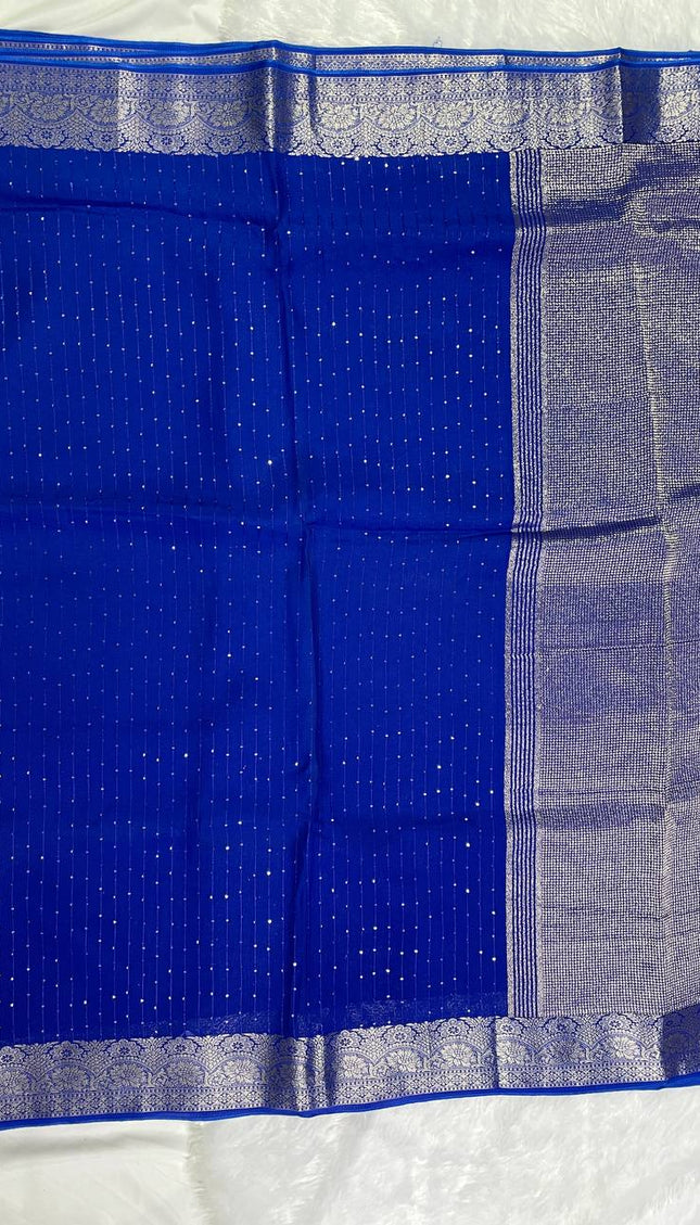 Royal Blue Premium Viscose Chinon Saree with Heavy Zari Border – Party Wear |DS8