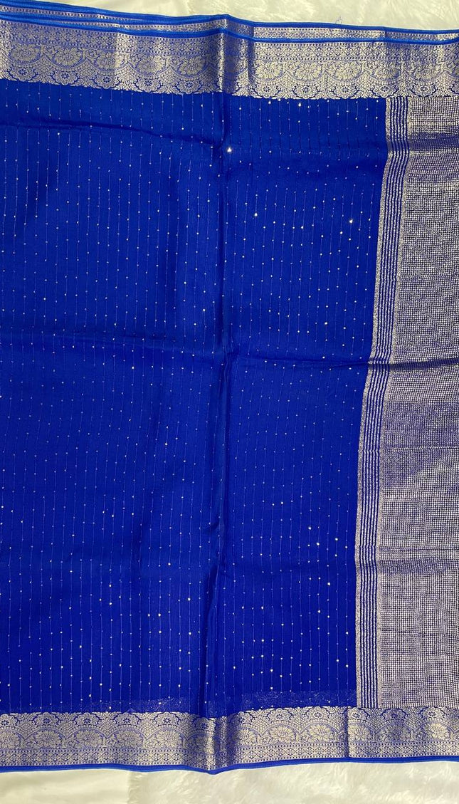 Royal Blue Premium Viscose Chinon Saree with Heavy Zari Border – Party Wear |DS8