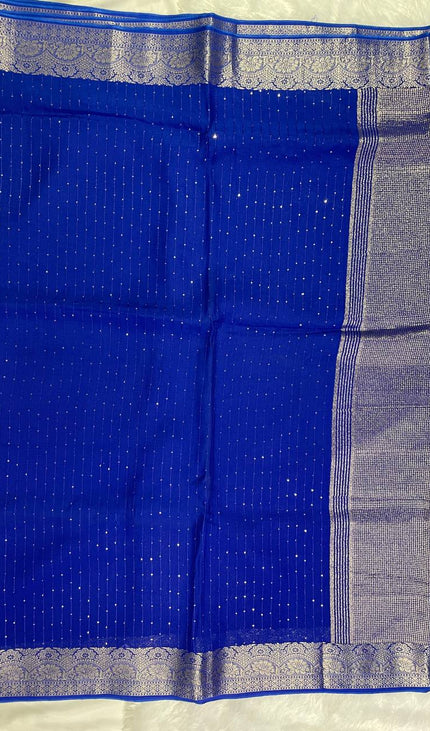 Royal Blue Premium Viscose Chinon Saree with Heavy Zari Border – Party Wear |DS8