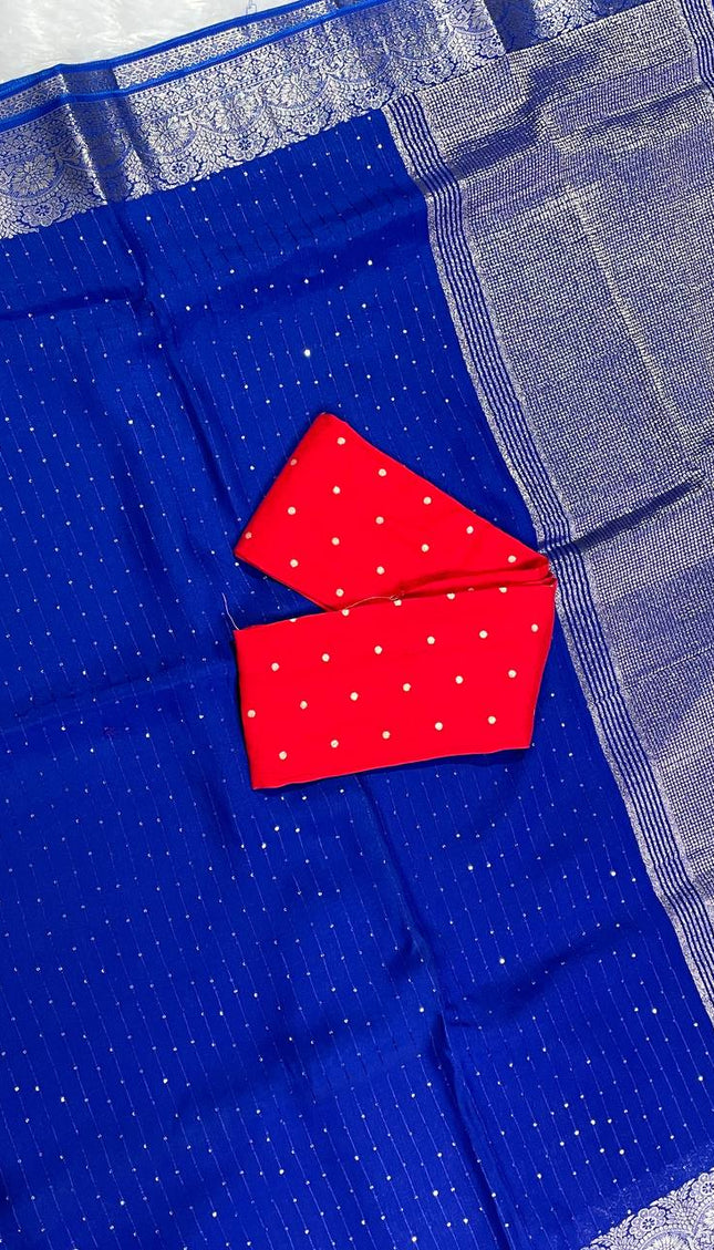 Royal Blue Premium Viscose Chinon Saree with Heavy Zari Border – Party Wear |DS8