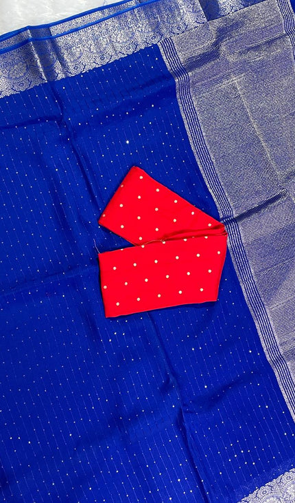 Royal Blue Premium Viscose Chinon Saree with Heavy Zari Border – Party Wear |DS8