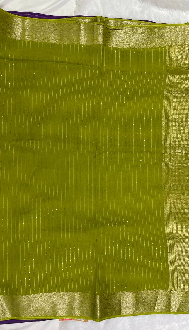 Lime Green Premium Viscose Chinon Saree with Zari Border – Party Wear Elegance | DS8