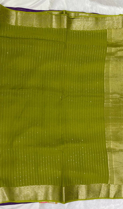 Lime Green Premium Viscose Chinon Saree with Zari Border – Party Wear Elegance | DS8