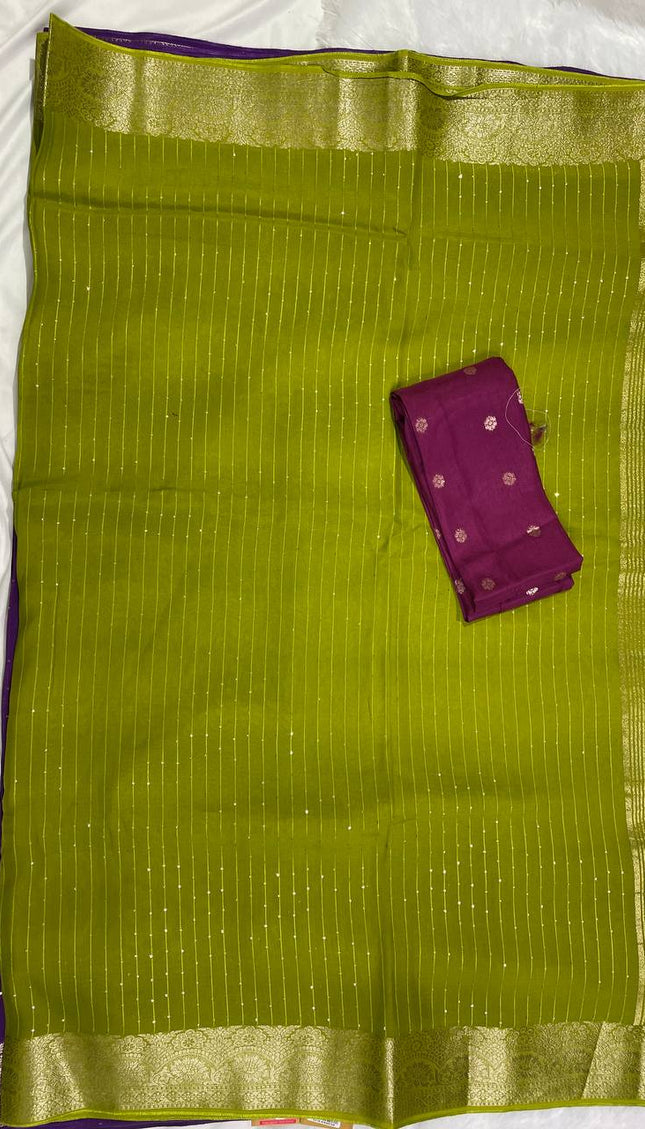 Lime Green Premium Viscose Chinon Saree with Zari Border – Party Wear Elegance | DS8