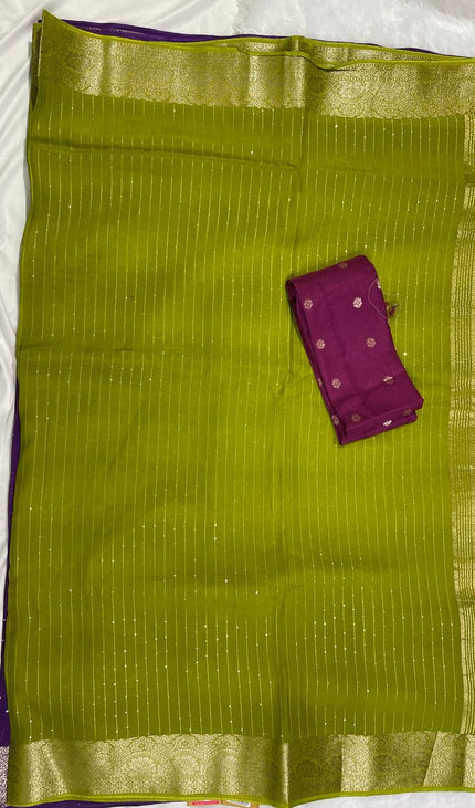 Lime Green Premium Viscose Chinon Saree with Zari Border – Party Wear Elegance | DS8
