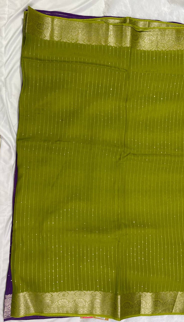 Lime Green Premium Viscose Chinon Saree with Zari Border – Party Wear Elegance | DS8