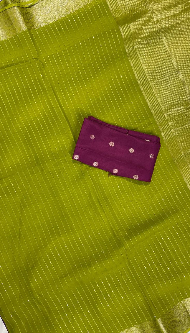Lime Green Premium Viscose Chinon Saree with Zari Border – Party Wear Elegance | DS8
