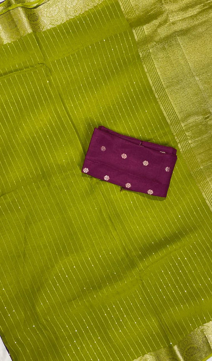 Lime Green Premium Viscose Chinon Saree with Zari Border – Party Wear Elegance | DS8