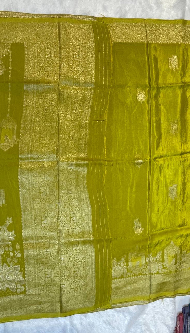 Parrot Green cage design Crepe Silk Saree With Silver Zari Border|DS3