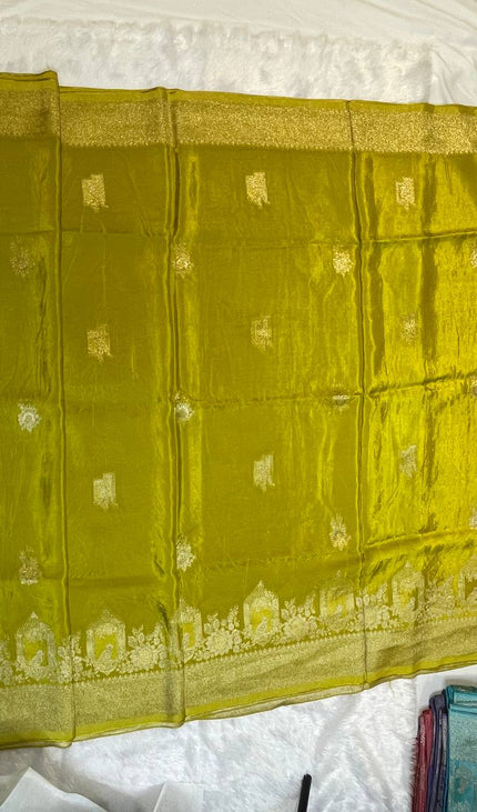 Parrot Green cage design Crepe Silk Saree With Silver Zari Border|DS3