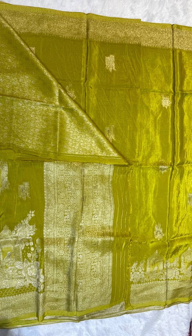 Parrot Green cage design Crepe Silk Saree With Silver Zari Border|DS3
